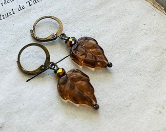 Brown Maple Leaf Earrings with Crystal Glass Beads Fall Fashion Nature Inspired Woodland Jewelry Gifts Under 30 Autumn