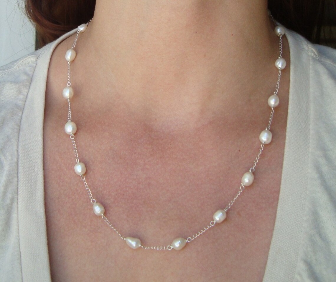 White Pearl Chain Necklace Bridal Jewelry Pearl Jewelry June Etsy