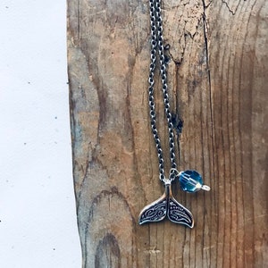 Whale's Tale Necklace Blue Crystal Silver Jewelry Beachy Resort Summer Jewelry Bridesmaid Necklace Gifts Under 30 Tribal Charm