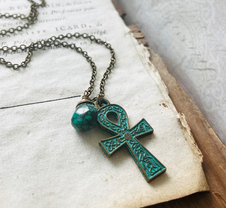 Ankh Necklace with Turquoise. Brass Necklace, Zen Jewelry, Charm Necklace, December Birthstone, Egyptian Pendant, Gemstone Jewelry, Boho image 3