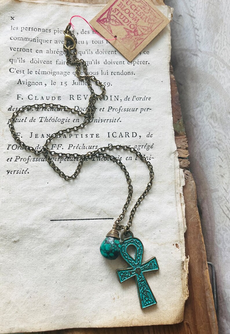 Ankh Necklace with Turquoise. Brass Necklace, Zen Jewelry, Charm Necklace, December Birthstone, Egyptian Pendant, Gemstone Jewelry, Boho image 2