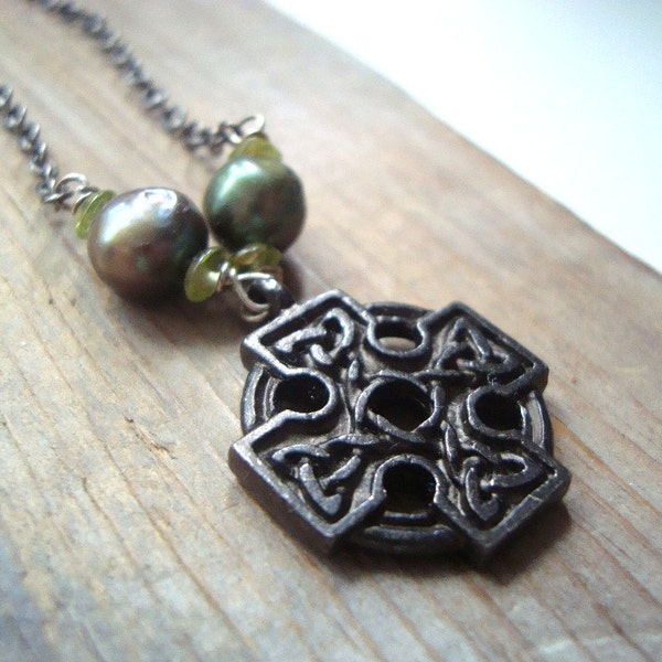 Celtic Cross Necklace with Pearl and Peridot. Gunmetal Necklace, August Birthstone, St. Patricks Day Necklace, Irish Jewelry, Spiritual