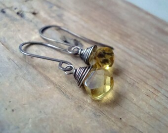 Citrine Teardrop Earrings Faceted Gemstone Oxidized Sterling Wire Wrapped November Birthstone Gifts Under 40 Modern Bridesmaid