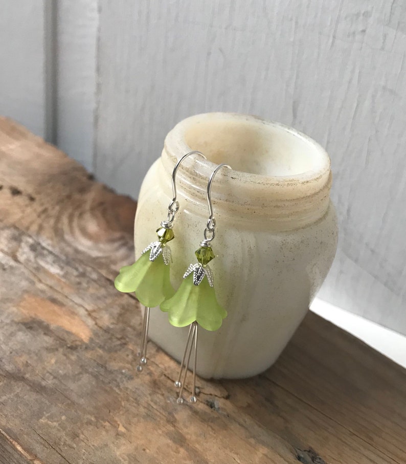 Lime Green Lucite Blossoms Earrings With Crystal Silver Green Flower Jewelry Holiday Bridal Bridesmaid Earrings Floral Jewelry Mothers Day image 5