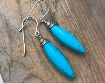 Turquoise Earrings. Sterling Silver, Wire Wrapped, December Birthstone, Modern Earrings, Gemstone Jewelry, Gifts Under 50, Stone Dangles