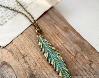 Feather Necklace - Green Patina. Nature Pendant Necklace Boho Chic Bohemian Style Hippie Jewelry Statement Necklace Coachella Brass Jewelry