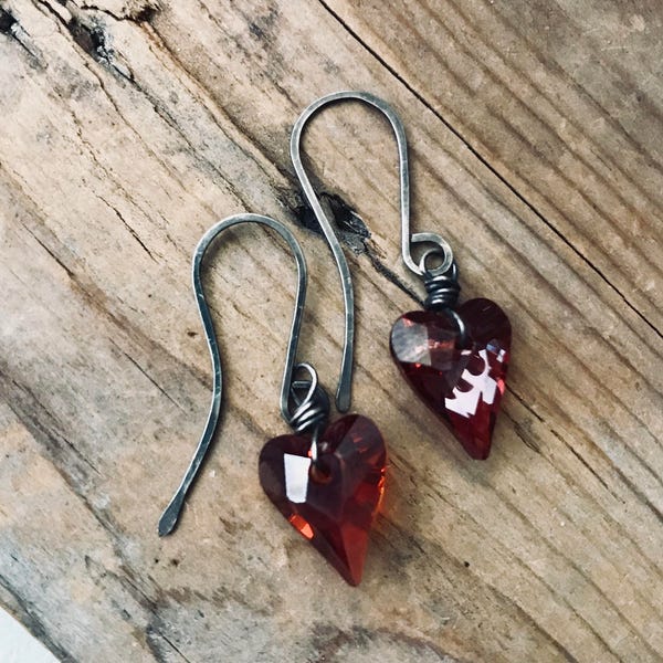 Red Crystal Heart Earrings. Sterling Silver Swarovski Crystal Hearts Valentines Earrings Heart Jewelry Heart Pendant Earrings Romantic Gifts