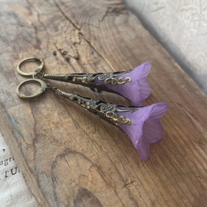 Purple Flower Earrings. Antiqued Brass Earrings, Spring Jewelry, Floral Earrings, Fairy Core, Bridesmaid Earrings, Easter Jewelry, Boho image 4