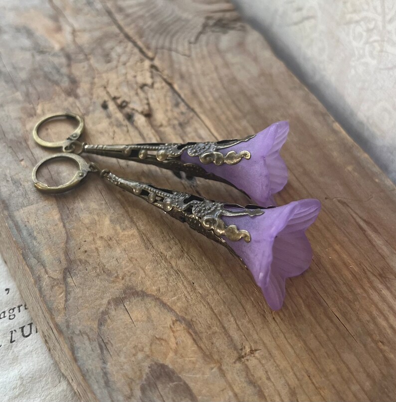 Purple Flower Earrings. Antiqued Brass Earrings, Spring Jewelry, Floral Earrings, Fairy Core, Bridesmaid Earrings, Easter Jewelry, Boho image 4