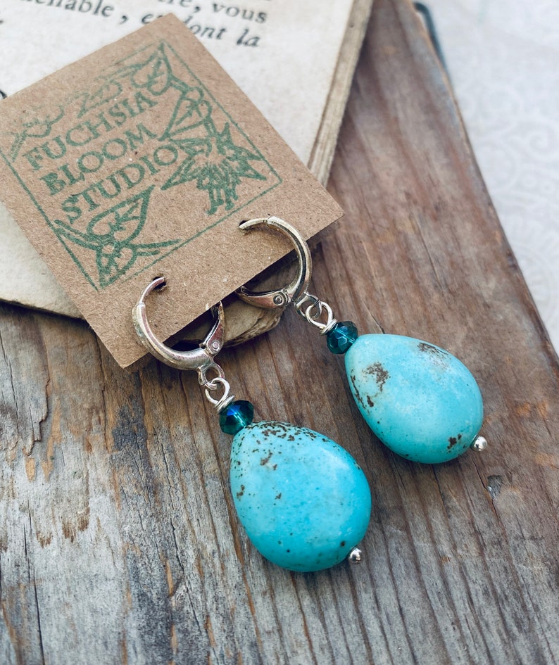 Large Turquoise Teardrop Earrings With Crystal Wire Wrapped Silver Gemstone Dangles Jewelry Boho Beachy December Birthstone Summer image 3