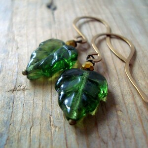 Green Maple Leaf Earrings Brass Jewelry Crystal Fall Fashion Spring Fashion Nature Inspired Woodland Leaf Jewelry Gifts Under 30