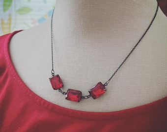 Red Crystal Necklace with Vintage Glass Cabochons. Oxidized Sterling, Goth Jewelry, Vintage Style, Gifts For Her, Festive Holiday Jewelry