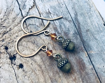 Brass Acorn Earrings With Crystal Nature Inspired Whimsical Woodland Simple Gifts Under 30 Squirrel Fun Jewelry Rustic Gifts For Her