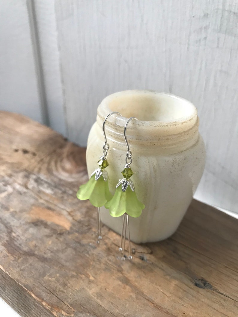 Lime Green Lucite Blossoms Earrings With Crystal Silver Green Flower Jewelry Holiday Bridal Bridesmaid Earrings Floral Jewelry Mothers Day image 2