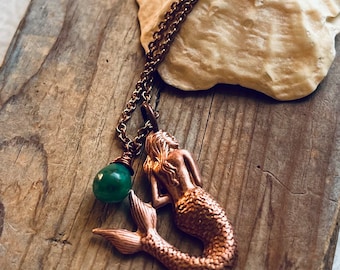 Copper Mermaid Necklace Green Opal Beachy Necklace Nautical Jewelry Summer Charm Jewelry Gemstone Necklace Wire Wrapped Mermaid Pendant