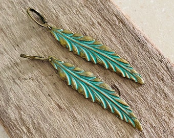 Large Patina Brass Feather Earrings Statement Earrings Nature Inspired Gold Jewelry Gifts Under 30 Boho Mint Green Bohemian Coachella