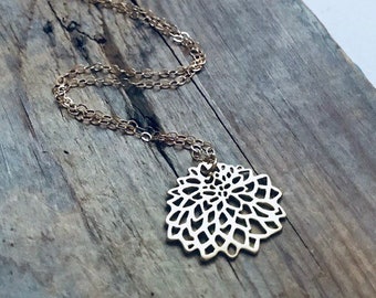 Gold Chrysanthemum Necklace - Small. Gold Filled Metalwork Modern Asian Style Flower Pendant Gifts Under 30 Zen Jewelry Silver Small Floral