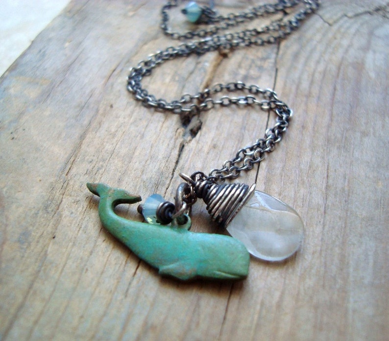 Whale Necklace With Aquamarine Charm Necklace, Nautical Jewelry, Beachy Jewelry, Beach Weddings, Whale Charm, March Birthstone, Bridesmaid image 2