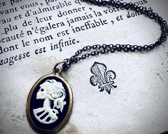 Black Skull Lady Cameo Necklace. Vintage Style, Goth Jewelry, Steampunk Necklace, Brass Jewelry, Cameo Jewelry, Vintage Cameo, Brass Jewelry