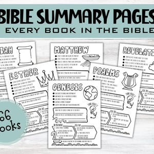 Puede incluir: Un conjunto de páginas de resumen de la Biblia en blanco y negro, cada una detallando un libro de la Biblia. Las páginas incluyen títulos como Isaías, Mateo y Apocalipsis, con ilustraciones y viñetas. El texto "Bible Summary Pages" está en la parte superior.