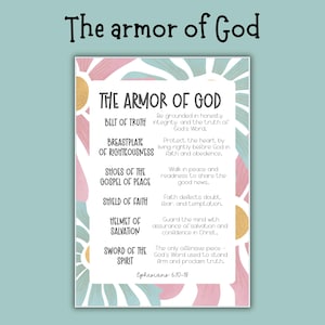 May include: A decorative poster with the text "The Armor of God" at the top. The poster lists the belt of truth, breastplate of righteousness, shoes of the gospel of peace, shield of faith, helmet of salvation, and sword of the spirit.
