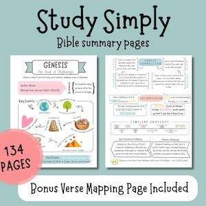 May include: Two-page Bible study guide with the title "Study Simply" and "Bible summary pages." The left page is titled "Genesis" and includes key events and people. The right page has sections on truth, teaching, and life application. A pink circle reads "134 pages."
