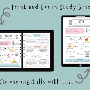 May include: Two tablets displaying Bible study notes. One shows "Psalms" with key events and the other "Acts" with key events. Text reads "Print and Use in Study Binder" and "Or use digitally with ease".