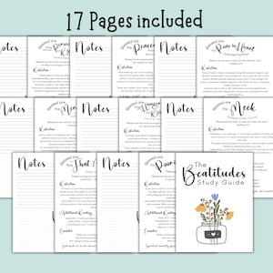 Puede incluir: Una gu&iacute;a de estudio titulada "The Beatitudes Study Guide" con 17 p&aacute;ginas incluidas. Las p&aacute;ginas son blancas con texto negro y t&iacute;tulos escritos a mano. Cada p&aacute;gina tiene la palabra "Notes" en la parte superior y una ilustraci&oacute;n floral.