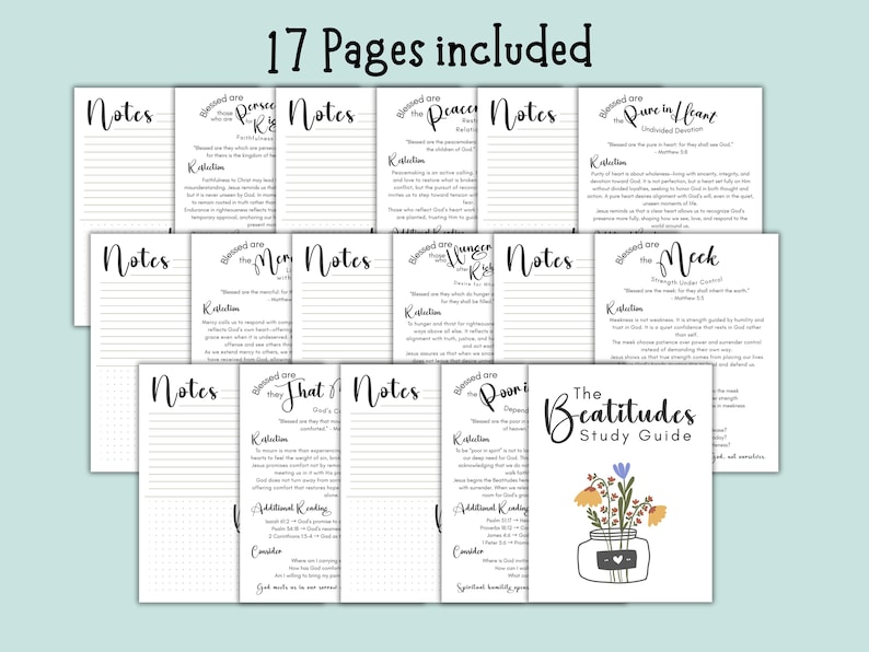 Puede incluir: Una gu&iacute;a de estudio titulada "The Beatitudes Study Guide" con 17 p&aacute;ginas incluidas. Las p&aacute;ginas son blancas con texto negro y t&iacute;tulos escritos a mano. Cada p&aacute;gina tiene la palabra "Notes" en la parte superior y una ilustraci&oacute;n floral.