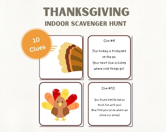Thanksgiving scavenger hunt – Indoor treasure hunt with clues– Thanksgiving games for kids or teens – Thanksgiving Activity PDF