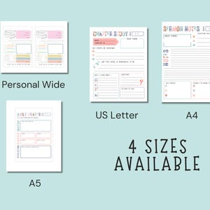 May include: Four different planner page sizes are displayed: Personal Wide, US Letter, A4, and A5. Each page has a unique layout with sections for notes, prayers, and chapter studies. The text "4 SIZES AVAILABLE" is also visible.