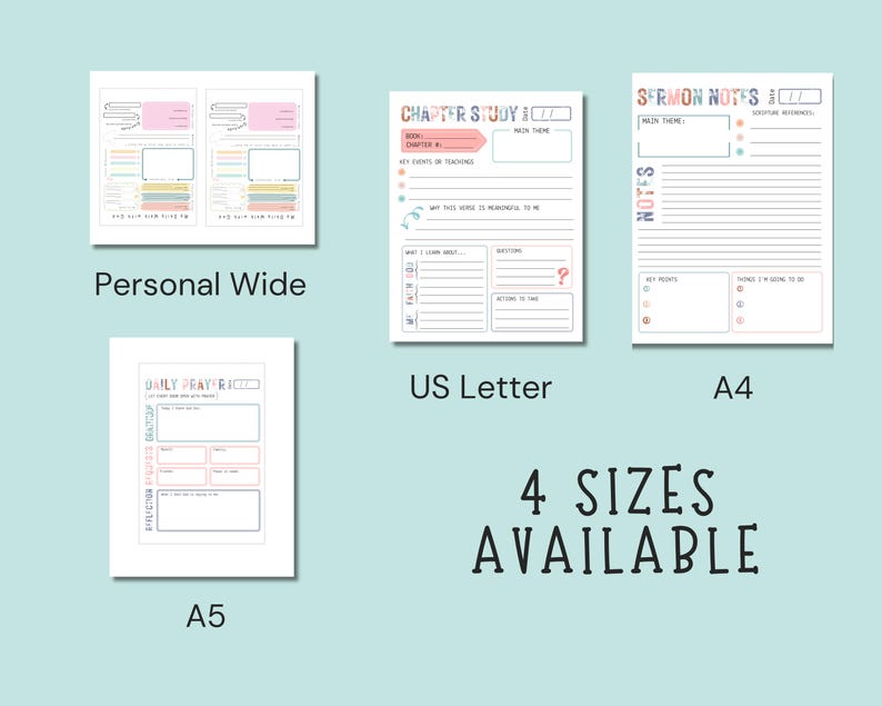 May include: Four different planner page sizes are displayed: Personal Wide, US Letter, A4, and A5. Each page has a unique layout with sections for notes, prayers, and chapter studies. The text "4 SIZES AVAILABLE" is also visible.