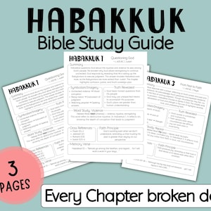 Può includere: Una guida allo studio biblico per il libro di Habacuc, con tre pagine di note dettagliate. La guida include riassunti, simbolismi, studi di parole e riferimenti incrociati. Il testo "Every Chapter broken down" è visibile.