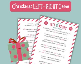 May include: A Christmas-themed game with the text "Christmas LEFT-RIGHT Game" in a pink banner. The image includes two printed pages with a poem and a gift box with a pink bow.