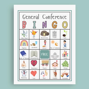 May include: A colorful "General Conference BINGO" game board with illustrated squares. The board includes images of a dove, rainbow, temple, family, and more. The word "FREE" is in a central square.