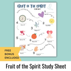 Könnte beinhalten: Ein weißes Studienblatt mit dem Titel "Frucht des Geistes" mit farbenfrohen Illustrationen und Bibelversen. Enthält ein lila Herz, ein lächelndes Gesicht, eine Taube, eine Uhr, ein Herz, eine Orange, betende Hände, ein Schaf und eine Hand.