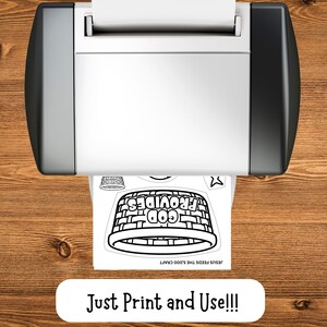 May include: A printer is shown from above, printing a black and white image of a basket with the words "GOD PROVIDES" and "JESUS FEEDS THE 5,000 CRAFT". The text "Just Print and Use!!!" is below the printer.