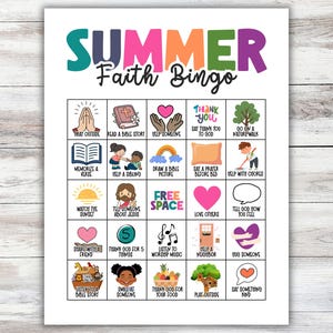 Może przedstawiać: Kolorowa plansza do gry "Summer Faith Bingo" z różnymi ilustrowanymi aktywnościami. Tytuł jest w kolorze turkusowym, różowym, pomarańczowym i fioletowym. Pola bingo zawierają obrazy i tekst, takie jak "Read a Bible Story" i "Help Someone."