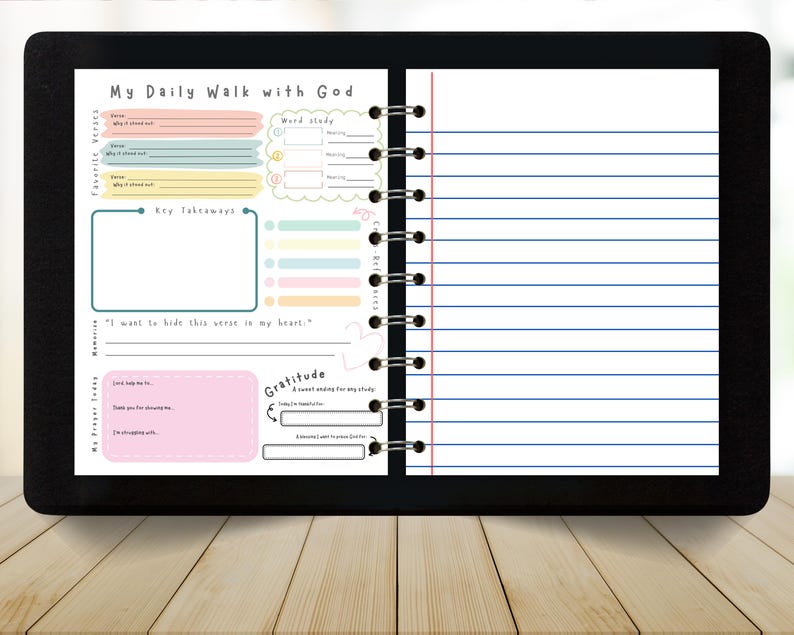 May include: A digital planner with the text "My Daily Walk with God" at the top. The planner has sections for favorite verses, key takeaways, and gratitude. The pages are lined with blue lines and have a spiral binding.