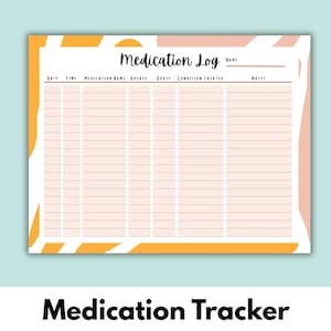 Puede incluir: Un registro de medicamentos imprimible en papel blanco con una cuadrícula de color melocotón. El título "Medication Log" está en escritura negra. Las palabras "Date", "Time", "Medication Name", "Dosage", "Route", "Condition Treated" y "Notes" están impresas encima de la cuadrícula.