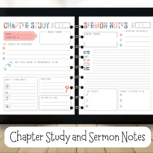 May include: A digital planner with Chapter Study and Sermon Notes. The planner has a black border and a white interior with sections for notes, key points, and scripture references. The text includes "Chapter Study" and "Sermon Notes".
