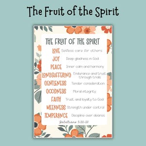 May include: A decorative print titled "The Fruit of the Spirit" with a light background and floral accents. The text lists virtues such as love, joy, peace, and faith. The scripture reference Galatians 5:22-23 is also included.