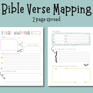 May include: Two-page spread Bible Verse Mapping journal. The left page has areas for verse, context, and parallel translations. The right page includes key words, personal reflection, and application to life. Text includes "Verse Mapping".