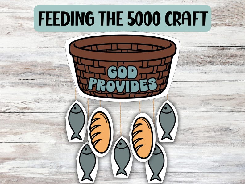 May include: A sticker set featuring a brown basket with the words "GOD PROVIDES" and the text "FEEDING THE 5000 CRAFT". Below the basket are illustrated fish and loaves of bread, all on a white background.