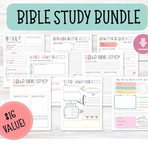 Op de afbeelding: Een verzameling afdrukbare Bijbelstudiepagina's met sjablonen voor karakterstudie, dagelijks gebed, preeknotities en versmapping. De bundel bevat een roze cirkel met de tekst "$16 VALUE!" en een turquoise banner met "BIBLE STUDY BUNDLE."
