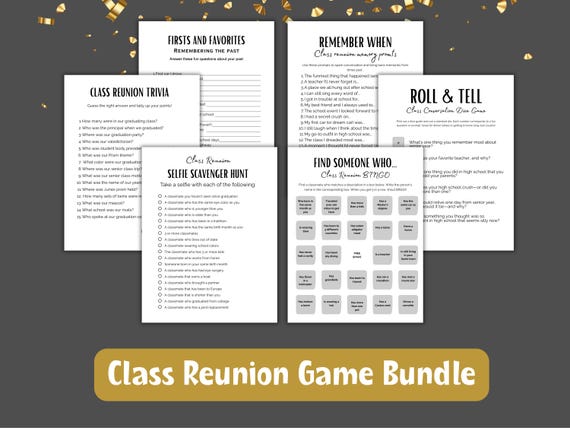 Memorable Class Reunion Activities - Bingo, Selfie Scavenger Hunt, memory prompts, High school class reunion game bundle