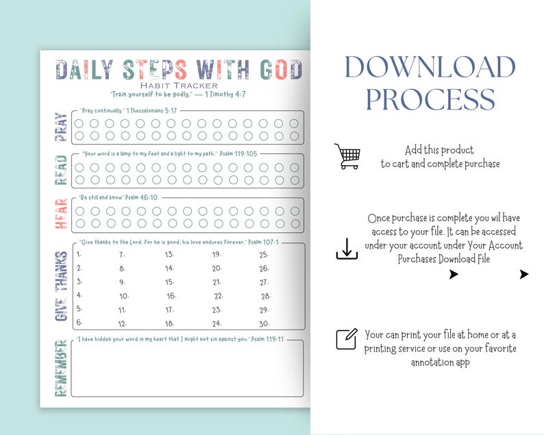 Może przedstawiać: Drukowany tracker nawyk&oacute;w zatytułowany "Daily Steps With God". Projekt zawiera sekcje do modlitwy, czytania, słuchania, dziękczynienia i pamiętania. Tekst zawiera wersety biblijne i sekcję "Proces pobierania".