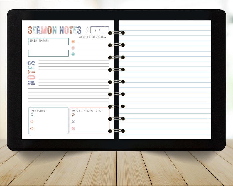 May include: A black spiral-bound notebook with the words "SERMON NOTES" in colorful letters at the top. The notebook has lined pages for note-taking, with sections for the main theme, scripture references, key points, and things to do. The notebook is open on a wooden surface.