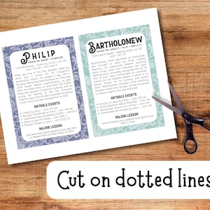 May include: Two printed cards detailing Philip and Bartholomew, with scissors on a wooden surface. The cards feature text and decorative borders. The text "Cut on dotted lines" is at the bottom.
