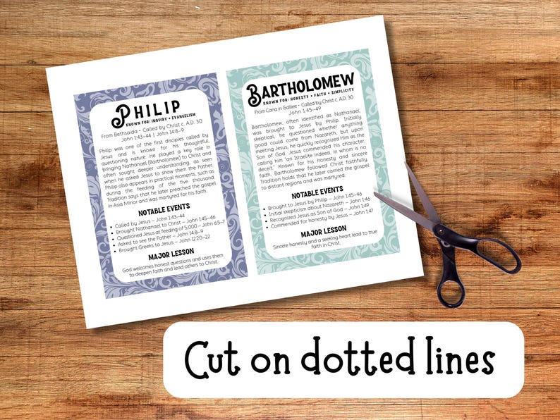 May include: Two printed cards detailing Philip and Bartholomew, with scissors on a wooden surface. The cards feature text and decorative borders. The text "Cut on dotted lines" is at the bottom.